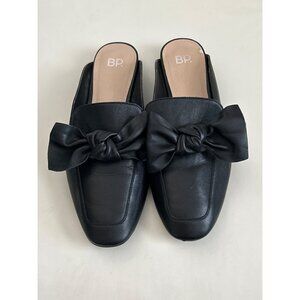 BP Black Leather Slip-On Mules with Bow Detail Size 9.5M 1" Heel Square Toe